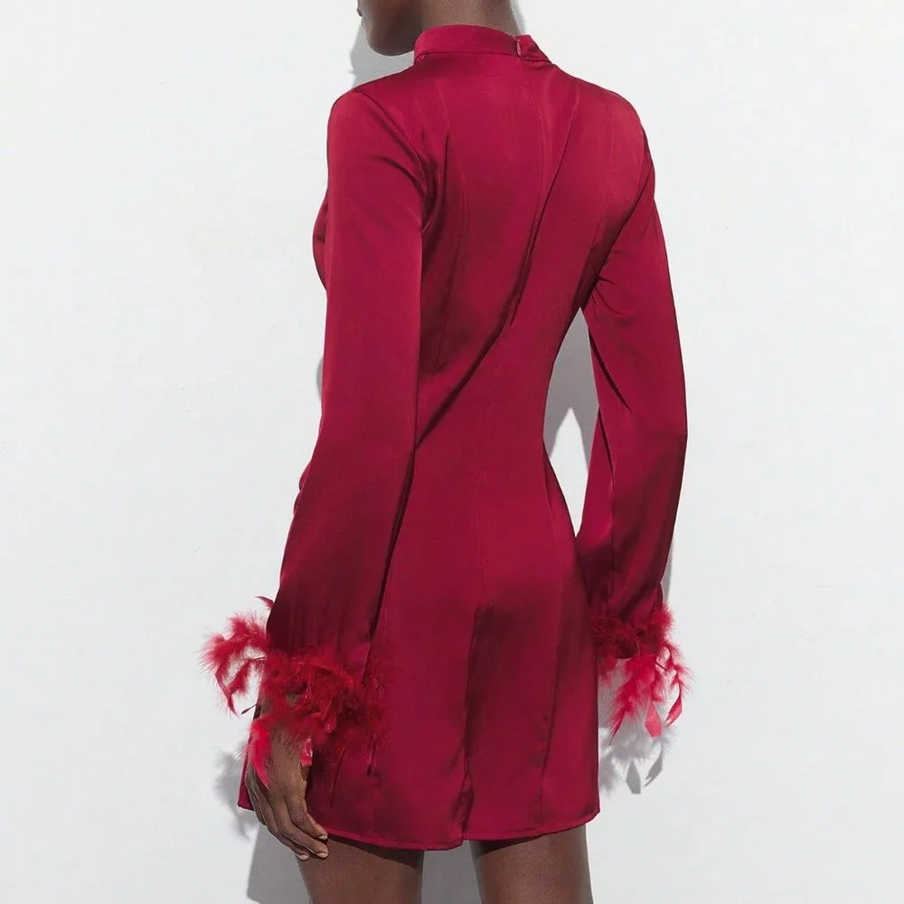 Burgundy Elegant Women's Hollow Feather Cuff Ruched Dress - Picture 5 of 6